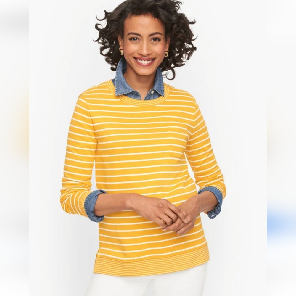 Talbots Rib Trim Crewneck Sweatshirt - Surf Stripe Yellow Women's Size Medium